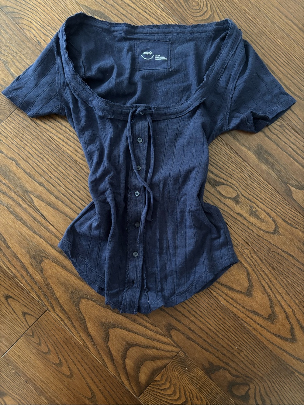 aerie Navy Ribbed Button-Front Scoop Top with Tie